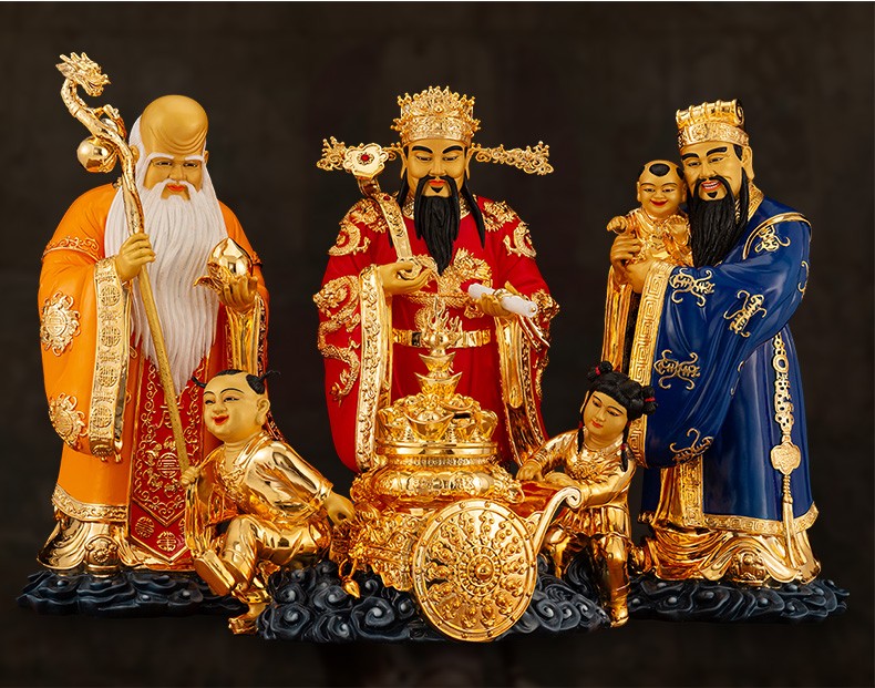 三漫陀纯铜福禄寿三星摆件聚宝盆财神福星禄星寿星公道教供奉家用福