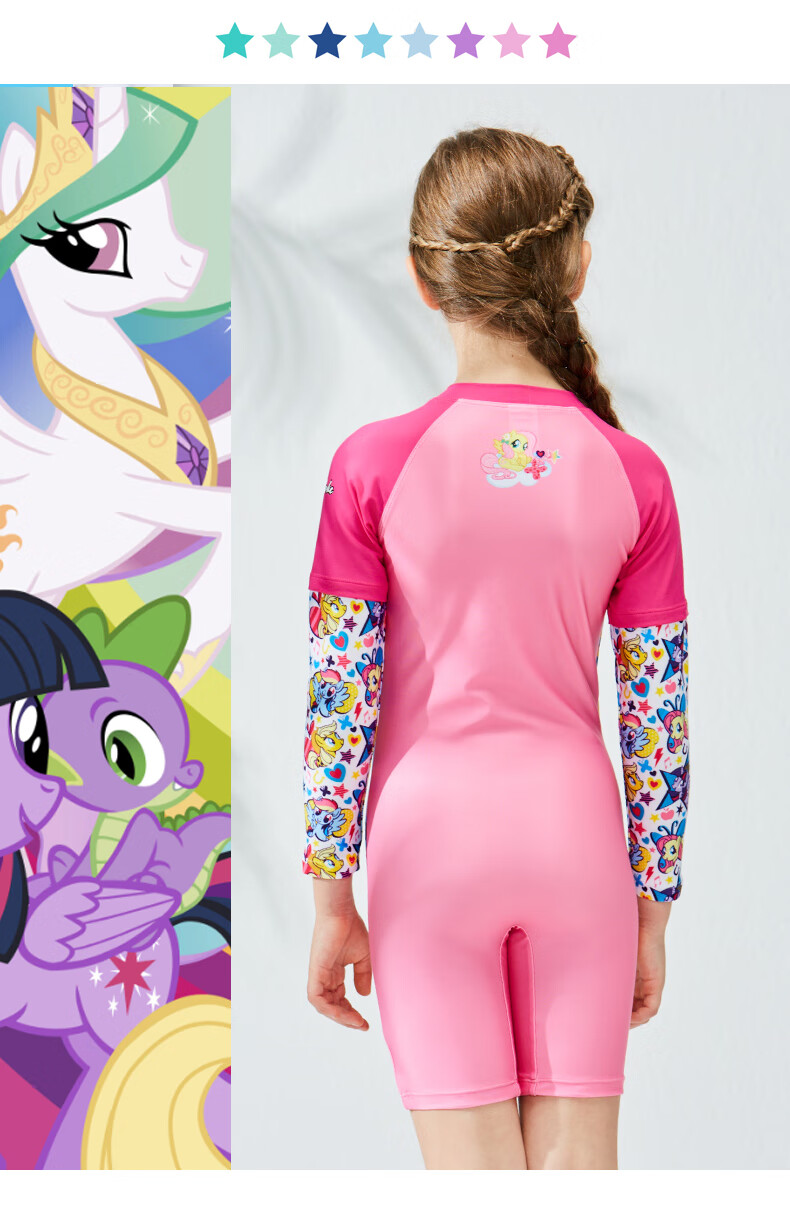 zoke洲克儿童泳衣女孩连体小马宝莉长袖防晒速干泳装中大童沙滩游泳衣