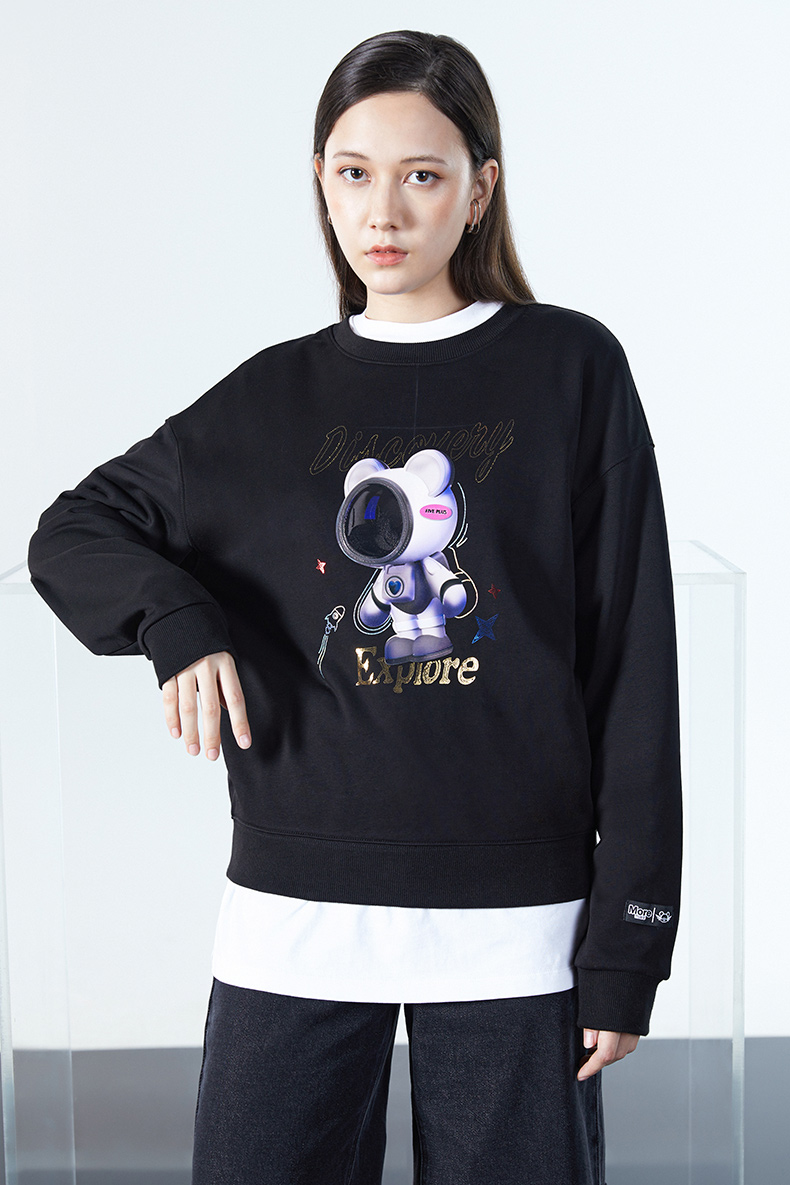 five plus5 星际熊2021新款女秋装设计感元气卫衣女宽松套头衫潮 米白