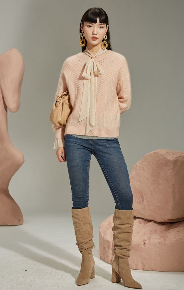 婉甸霜杏色网纱套头衫2021冬新品女装荷叶袖蕾丝衫1204h02ss1 霜杏色