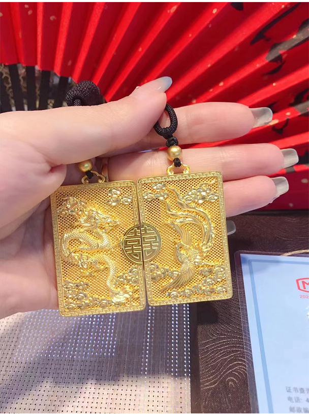 妙灵阁黄金龙凤对牌古法花丝吊坠999足金方牌项链情侣挂坠一对结婚