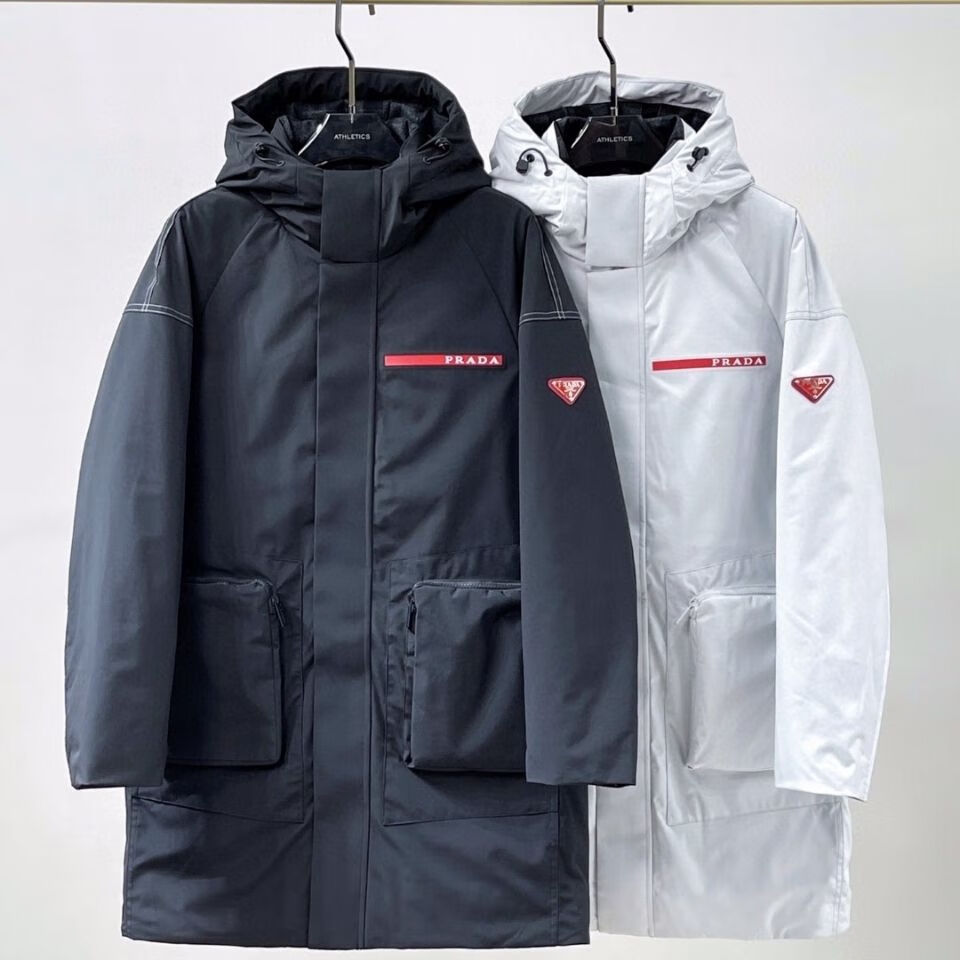 代购普拉达 prada秋冬新款长款男士连帽羽绒服机能款90%鹅绒大口袋