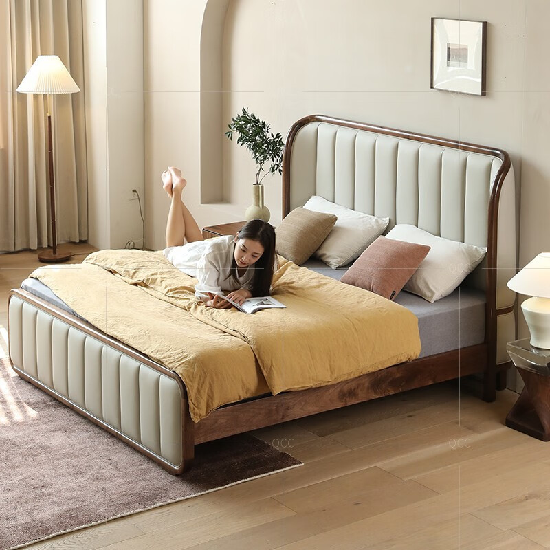 青春潮黑胡桃木实木床18米主卧床高靠背皮双人床单床152m