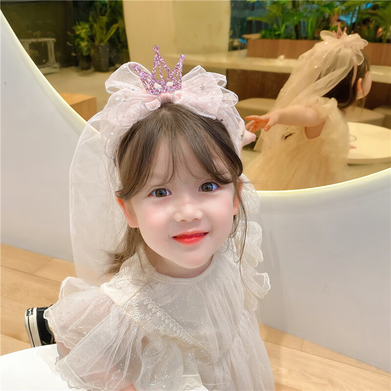 头纱儿童公主头纱皇冠白色小女孩发饰蝴蝶结婚纱拍照宝宝生日白色儿童