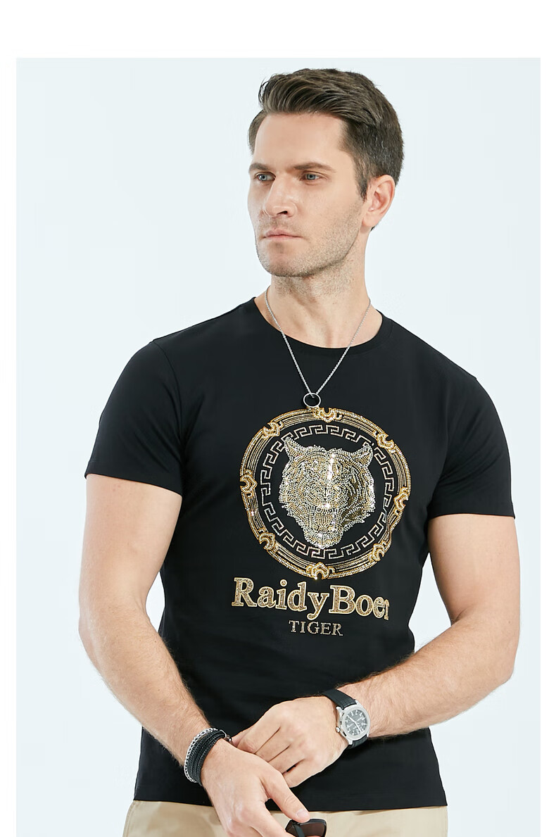 raidy boer/雷迪波尔夏季新款男士时尚休闲纯棉烫钻短袖t恤 7206 灰