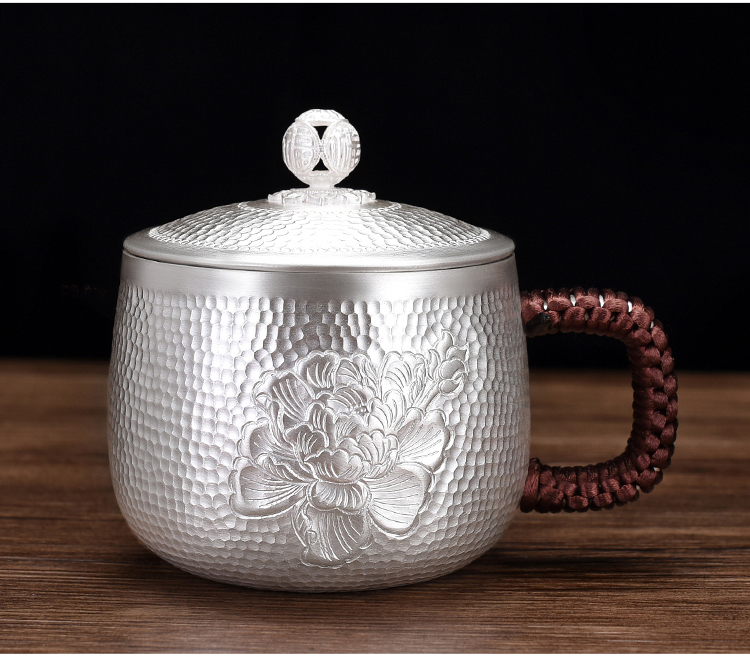 庆昌银楼银杯子999足银马克杯银水杯女纯手工锤纹养生银茶杯家用咖啡