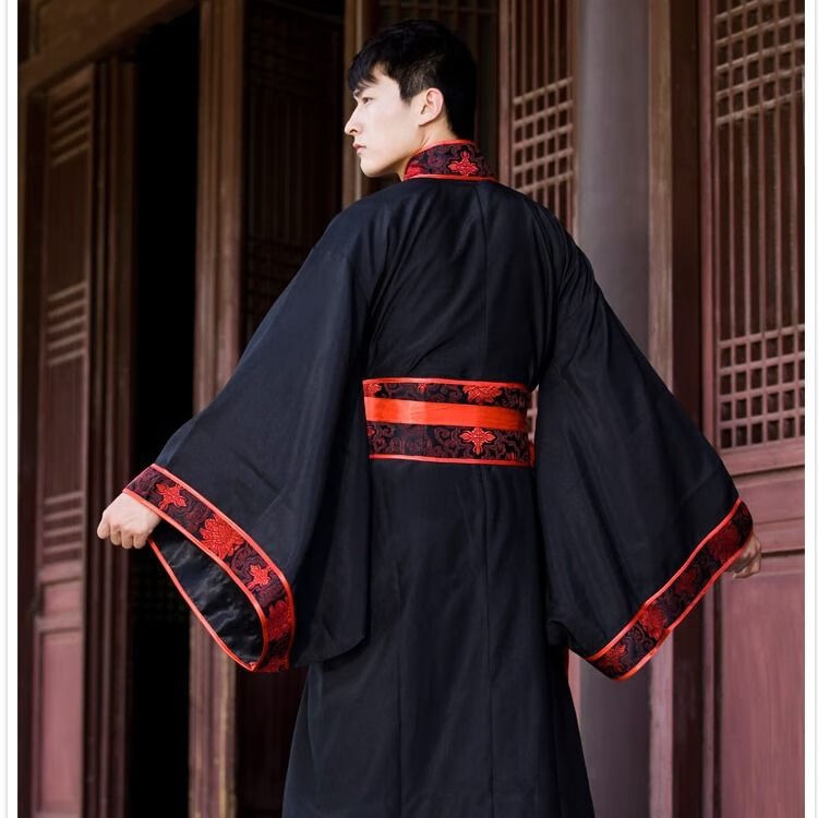 黑色汉服古装侠客大侠直裾深衣帅气公子男士曲裾书生影楼表演服黑色