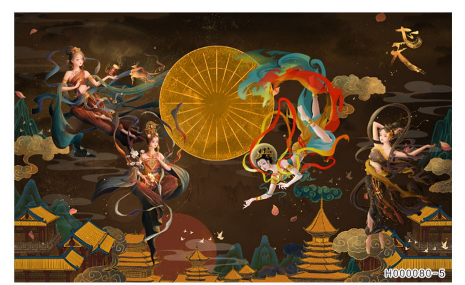 新中式敦煌飞天凤凰壁布手绘抽象电视背景墙布高端客厅沙发壁画 【整