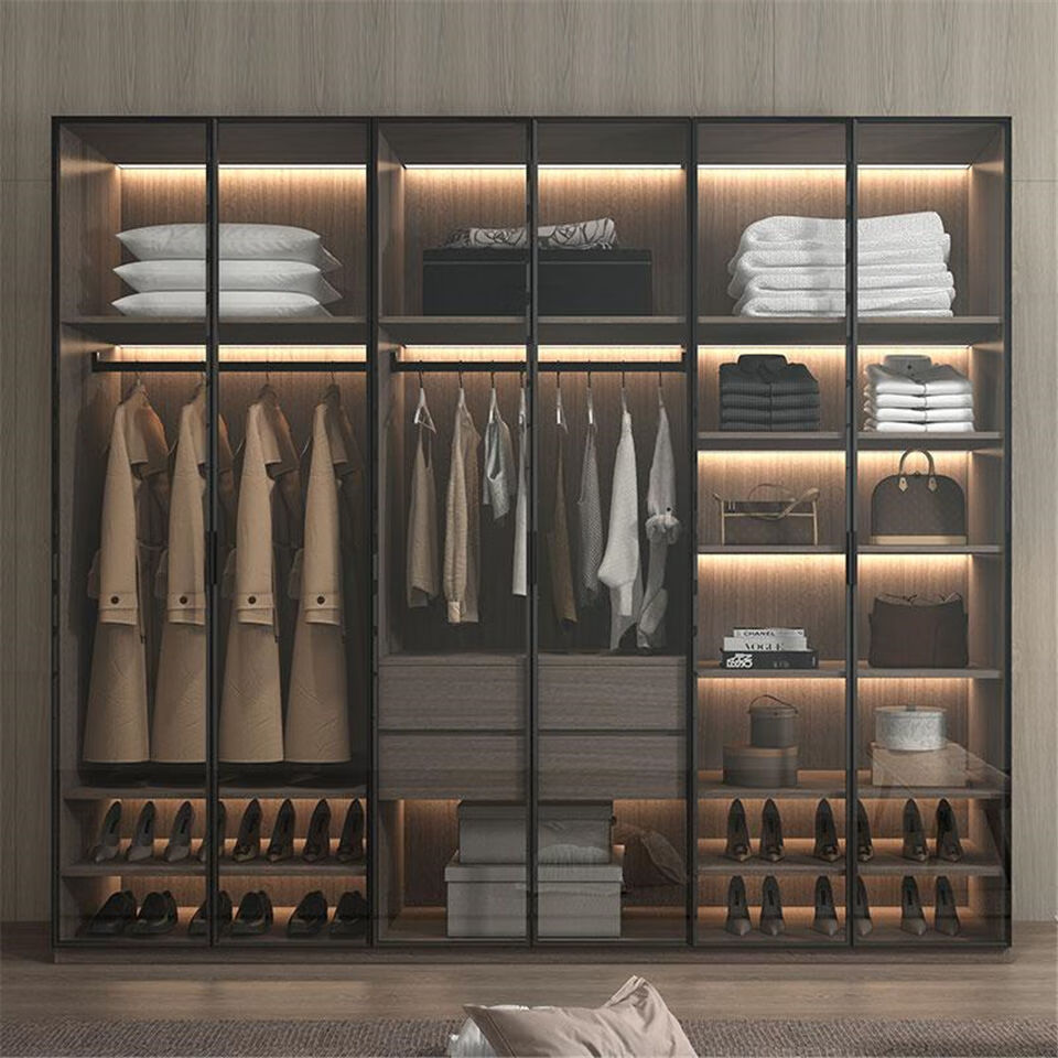 定制极简窄边框铝框玻璃门柜门铝框门平开门酒柜门书柜门衣柜门咖啡色