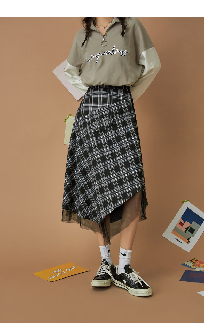 othermix不规则黑白格子半身裙女2021年早秋季新款网纱