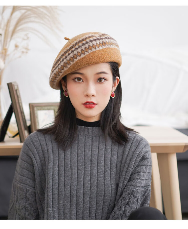 jedmviss 羊毛格子贝雷帽女士秋冬新款复古民族风格纹圆顶文艺画家