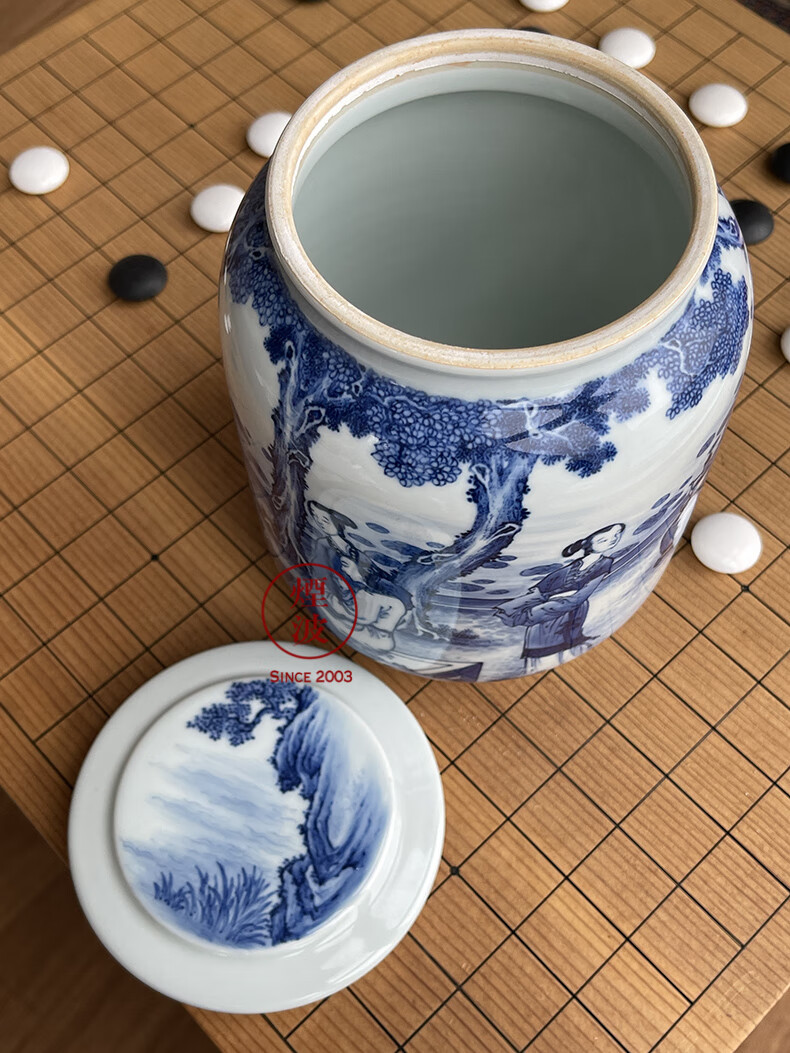 烟波 景德镇九段烧 手绘青花瓷器 九段心传 仕女 茶叶罐 茶仓【图片