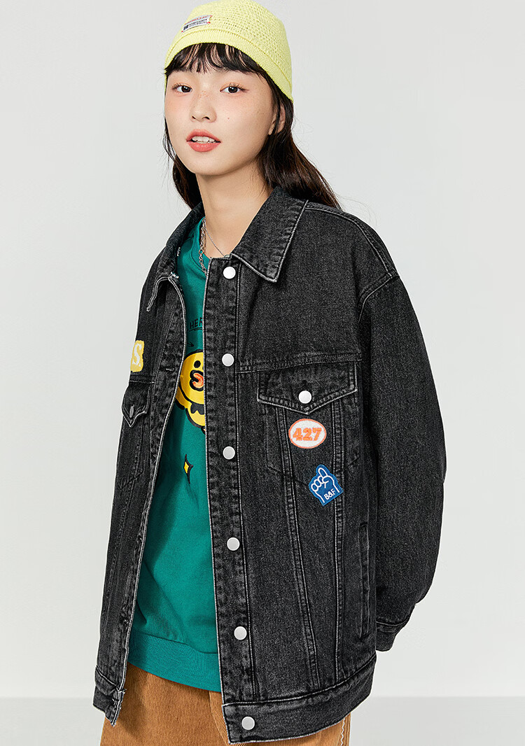 linefriends乐町绣花牛仔外套2021秋冬新款夹棉女装设计感黑色现货m