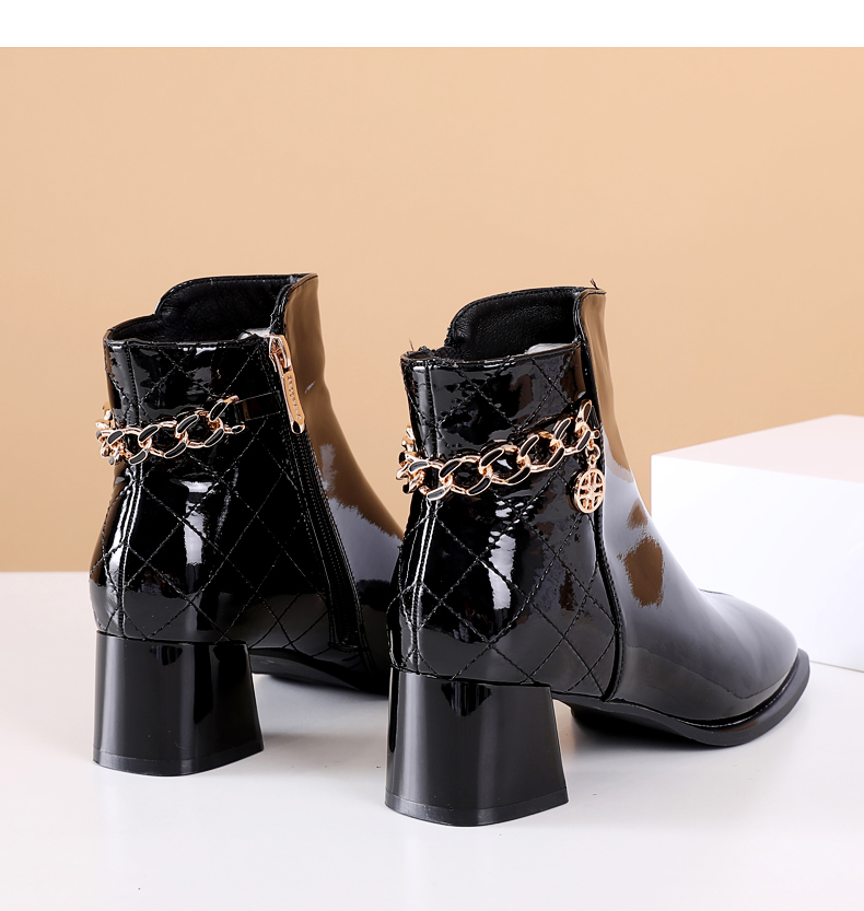 蜘蛛王高跟短靴女秋冬2021年新款粗跟时尚亮面漆皮棉靴91401黑色35