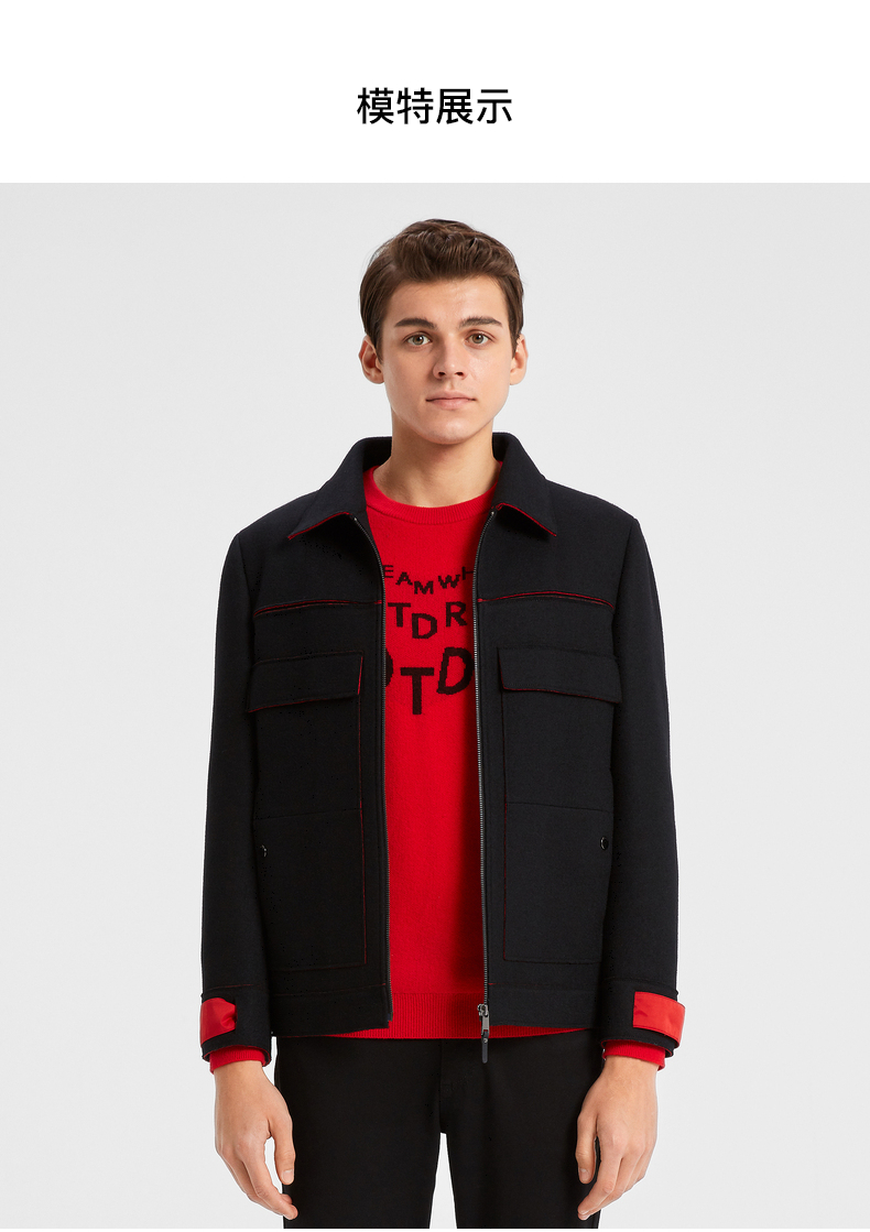 羊毛劲霸男装男士外套秋新品撞色翻领短款薄毛呢夹克fbwd3301黑色160