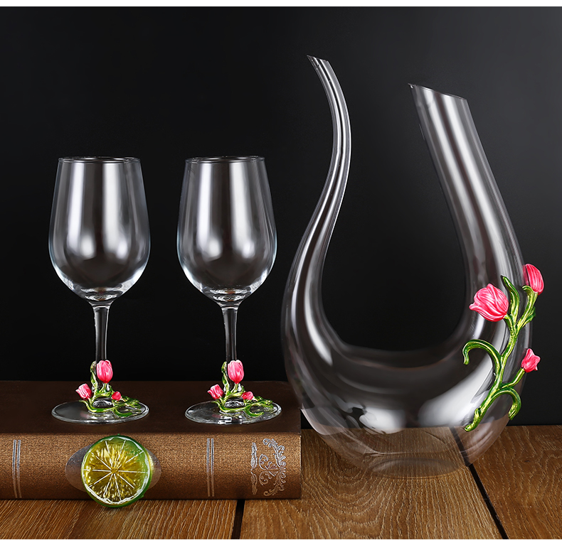 轻奢珐琅彩郁金香红酒杯醒酒器套装欧式家用水晶玻璃杯葡萄酒杯粉色