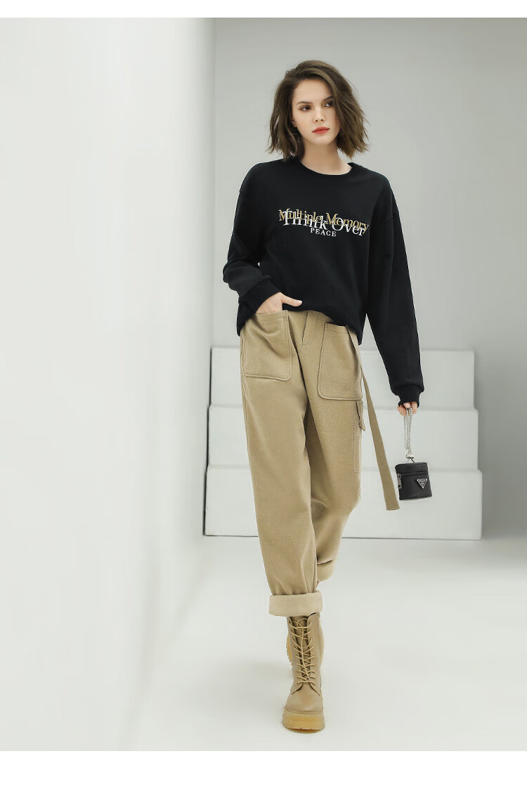 cocobella时尚工装风帅气休闲裤女卡其色宽松高腰直筒裤pt818卡其单版