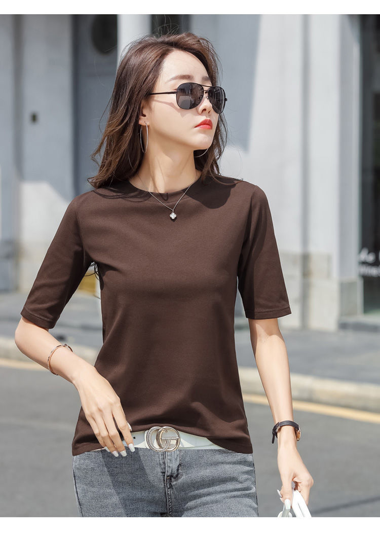 圆领中袖t恤女春秋装新款中袖弹力修身内搭打底衫纯色上衣潮sn8657