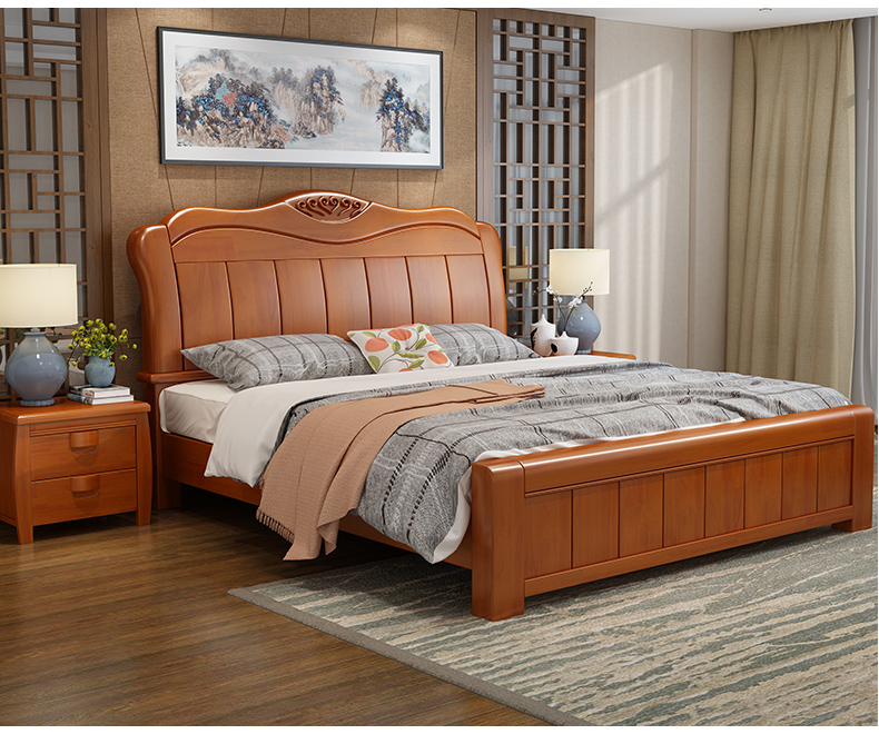 5米双人床高箱储物床中式卧室实木家具 柚木色实木床 1500mm*2000mm