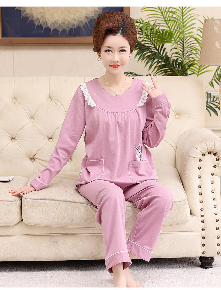 6769轻奢优品新款中年妈妈中老年睡衣女春秋季纯棉长袖全棉家居服