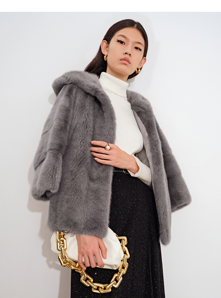 psalter诗篇影儿女装2021冬季新款时尚连帽水貂毛外套皮草灰色36