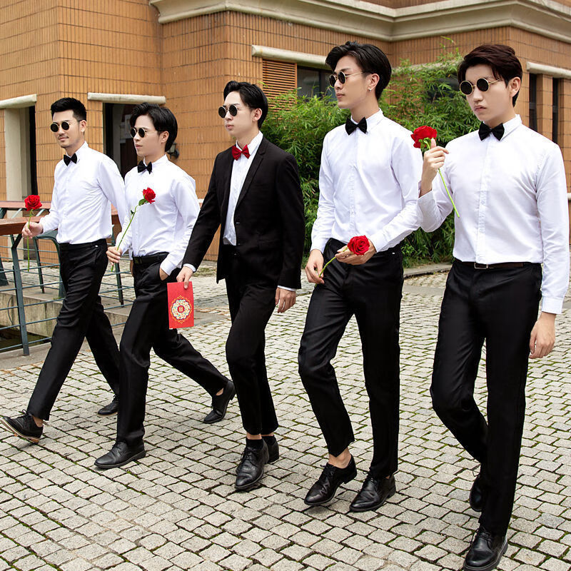 伴郎服兄弟装长袖白色衬衫结婚礼兄弟团衣服西式衬衣套装夏季寸衫短袖