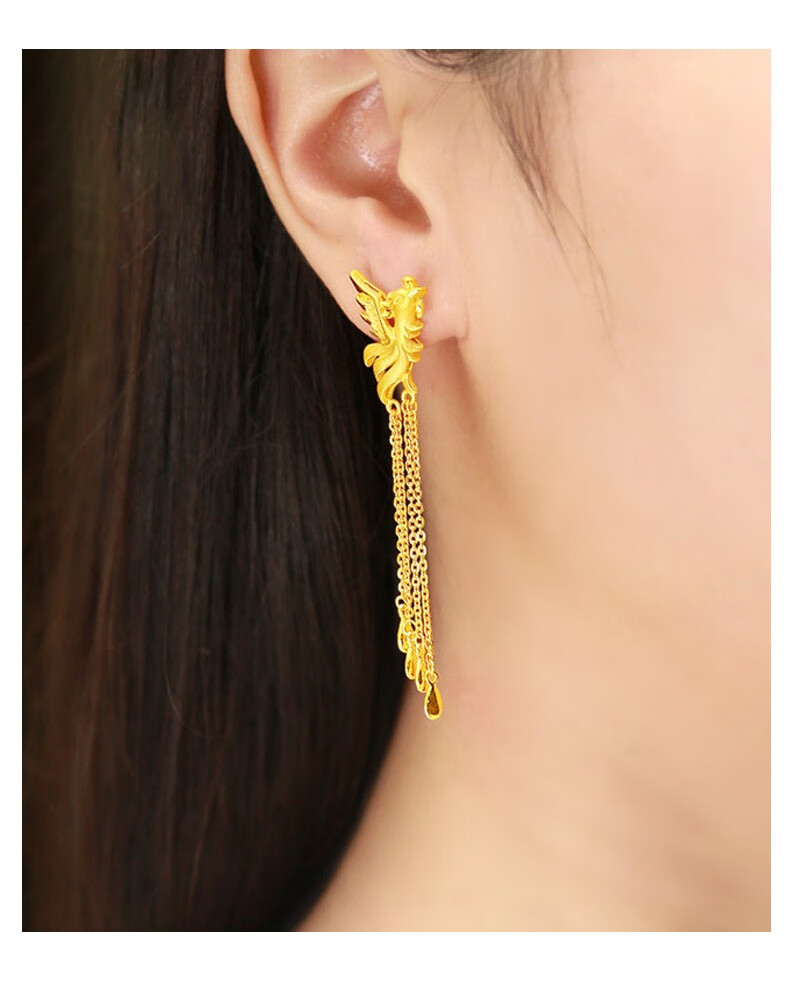 9足金耳钉 龙凤流苏黄金耳坠 结婚三金耳饰龙凤呈祥 婚嫁黄金耳钉婚庆