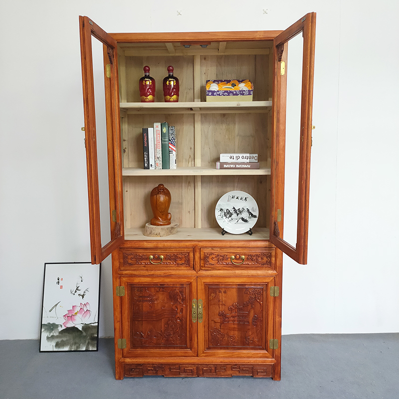 定制香樟木书柜实木明清仿古新中式两门带玻璃书橱书房文件储物柜支持