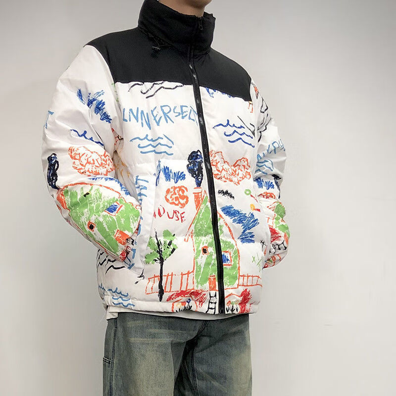 ins陈冠希同款立领羽绒服男涂鸦拼接宽松百搭加厚情侣羽绒服 涂鸦 xl