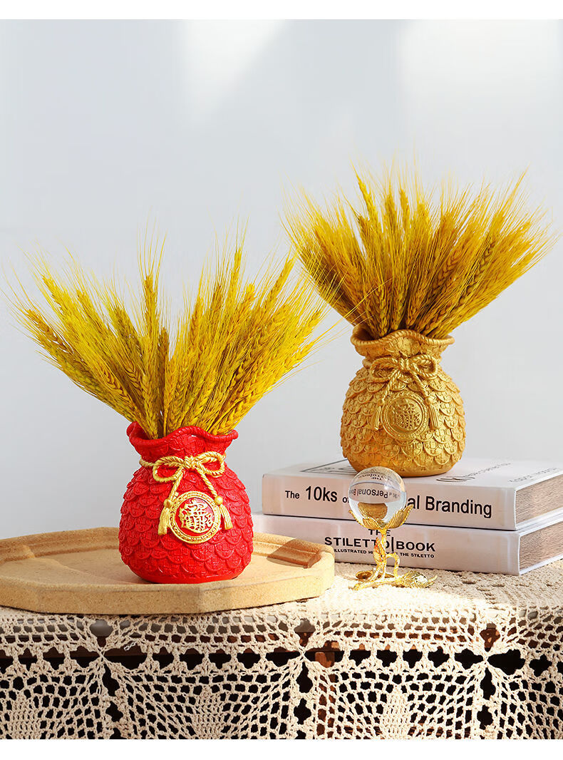 福袋黄金麦穗干花束客厅酒柜家居装饰品摆件花瓶开业大麦 金色瓶 红色