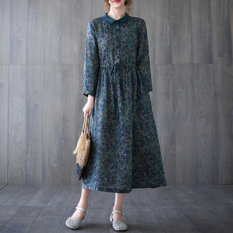 曲蕊(qurui) 素订棉麻女装官方素素杭州印花连衣裙女秋冬气质撞色收腰