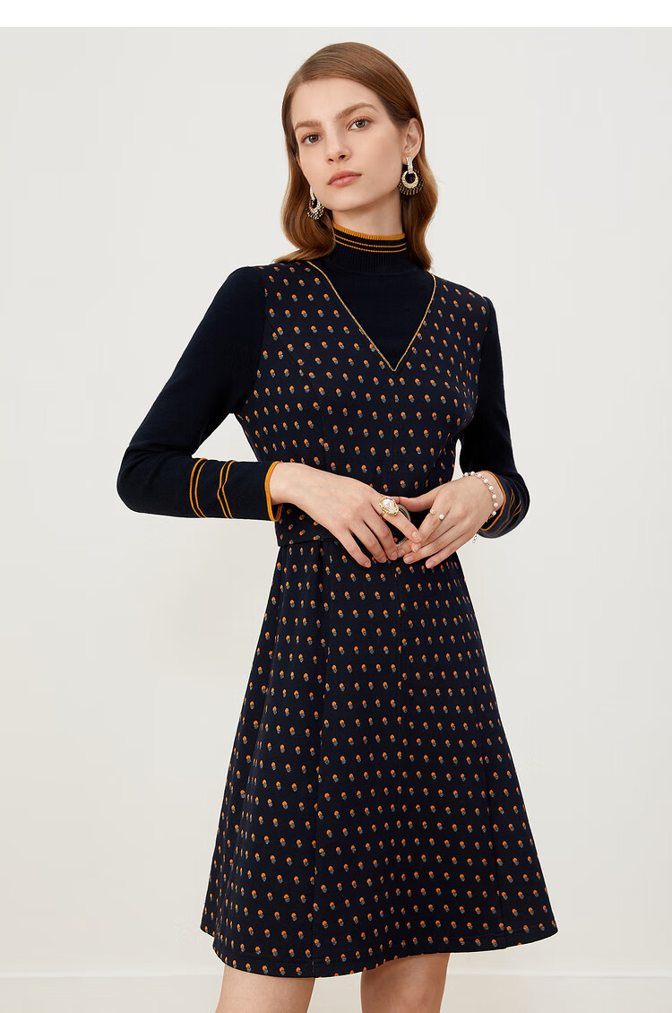 yiner音儿女装冬新款针织半高领拼接圆点连衣裙藏蓝46