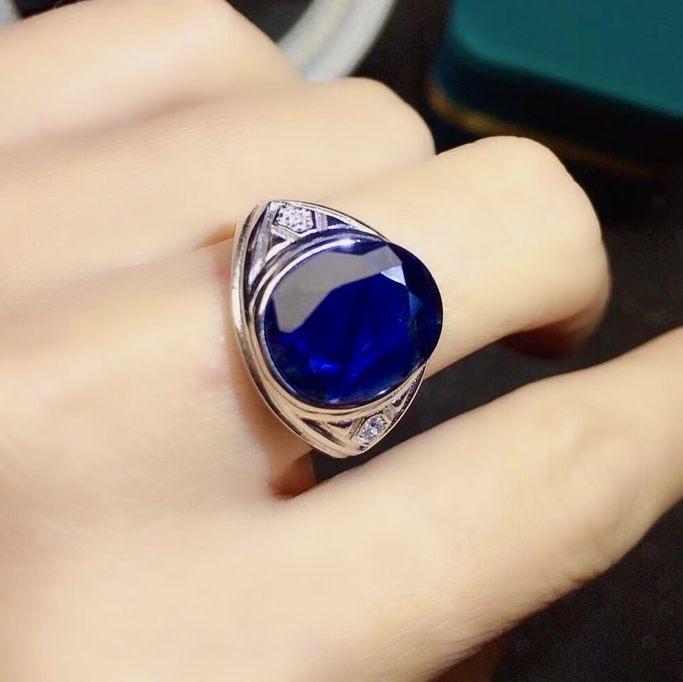 大颗粒山东天然黑蓝宝石男戒s925银镶嵌宝石颜色超好时尚精美礼物白