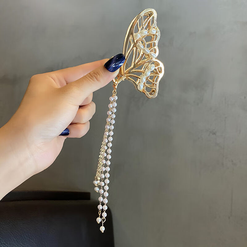 超仙金属蝴蝶流苏抓夹中国风汉服少女优雅珍珠发卡头饰后脑勺发夹 大