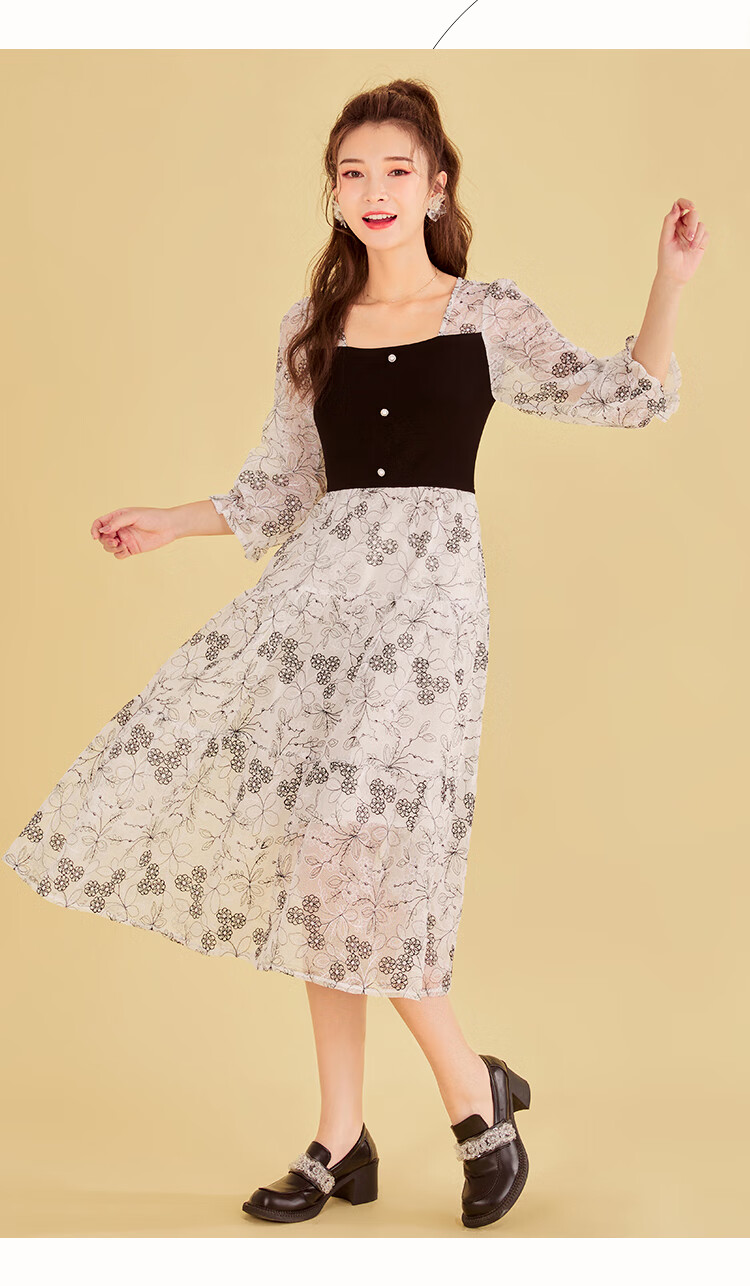 商场同款ief/爱依服网纱碎花连衣裙2021秋季新款韩版气质设计感拼接中