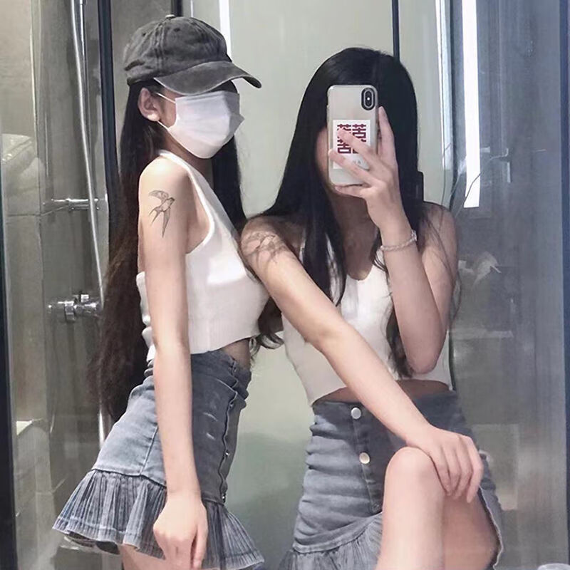 穗乔 抹胸连衣裙辣妹纯欲快手网红同款辣妹套装小熊刺绣木耳边绑带