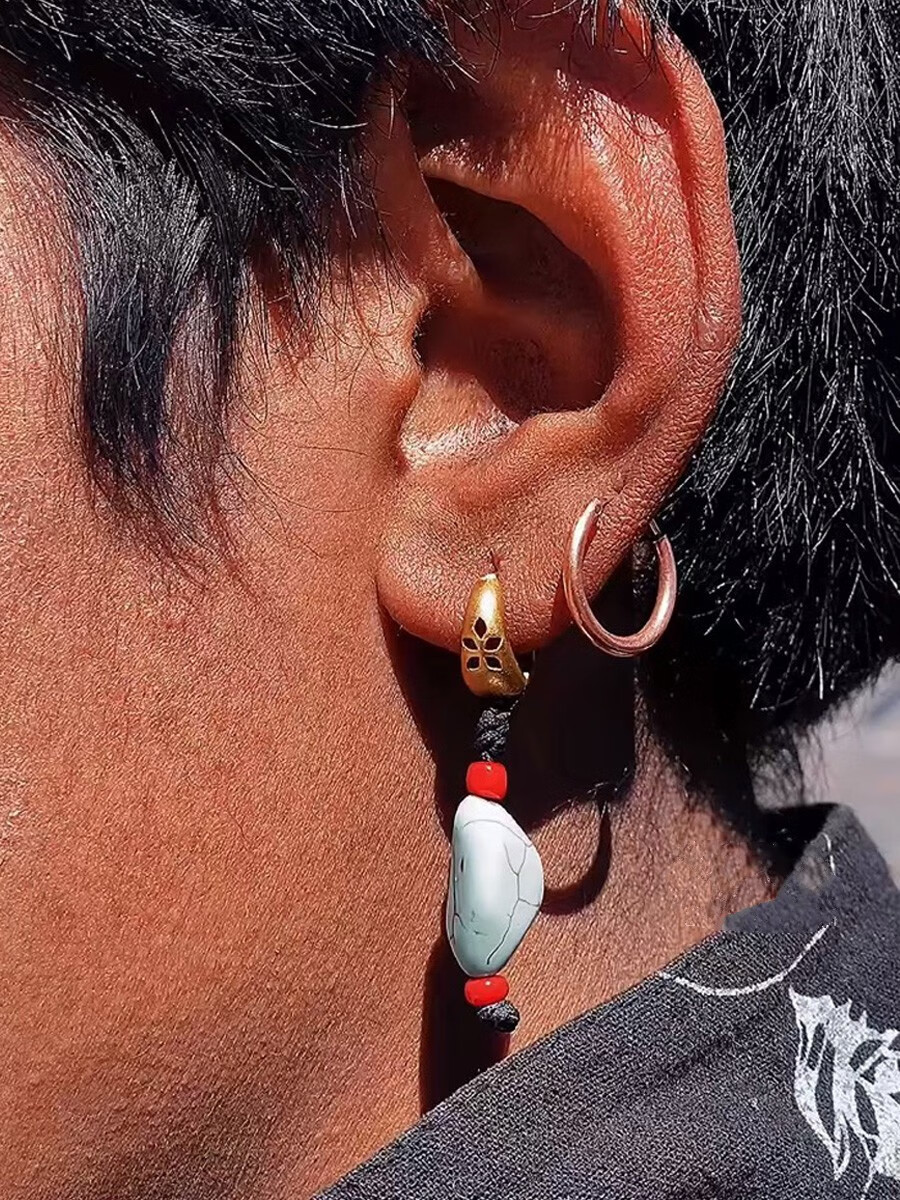 媛渡丁真同款耳钉丁真耳环耳饰耳坠抖音名族风藏族男女绿松石藏式首饰