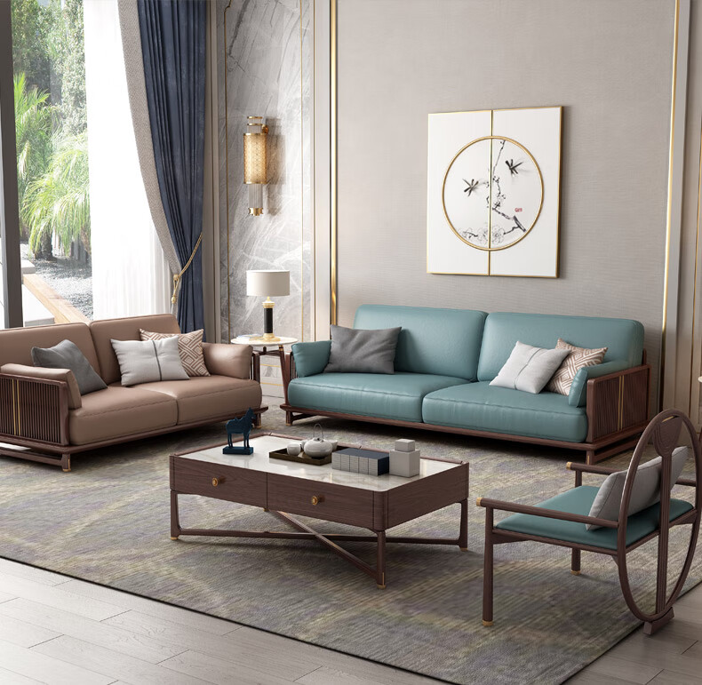 善心悦木白蜡木新中式沙发全实木现代简约客厅轻奢中国风禅意皮沙发