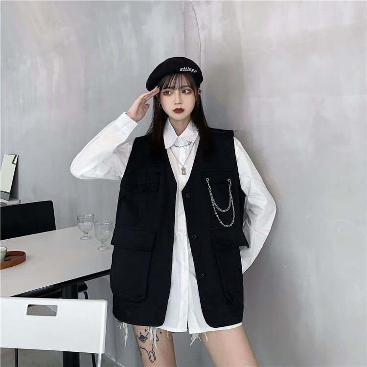 梦史怡马甲女秋冬季韩版ins复古个性白色外穿工装坎肩背心宽松马夹