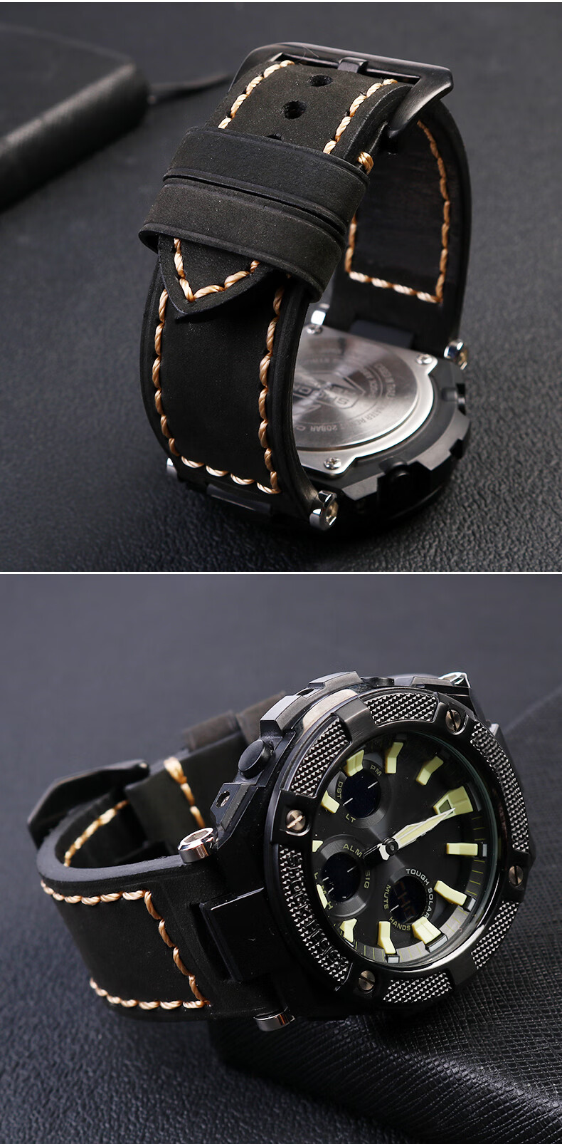 适配卡西欧gsts130s110s120w130lw100210疯马皮牛皮男表带红棕白线