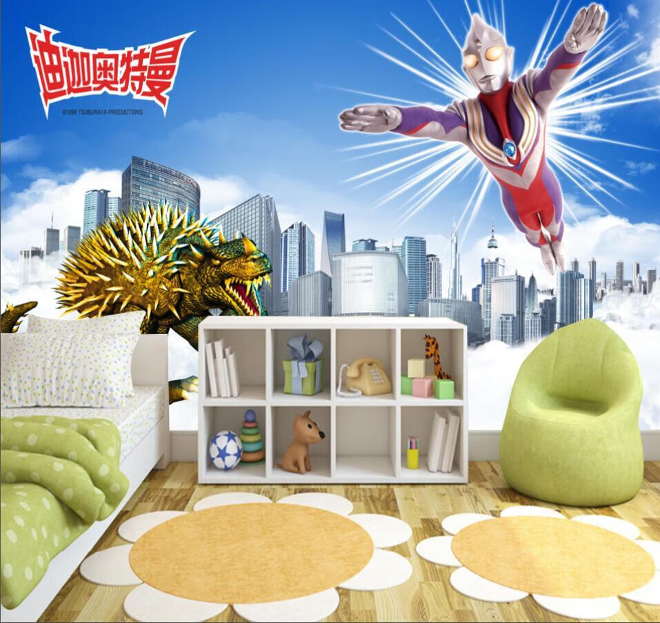 墙纸卧室儿童房奥特曼8d卡通儿童房墙纸超人奥特曼男孩子卧室背景5d