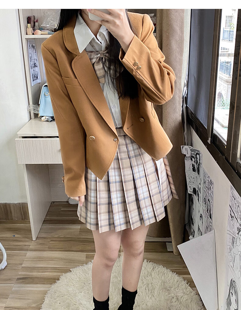 米蔓樱棕色短款jk西装外套春秋jk西服女学生校供感学院风小个子 单粒