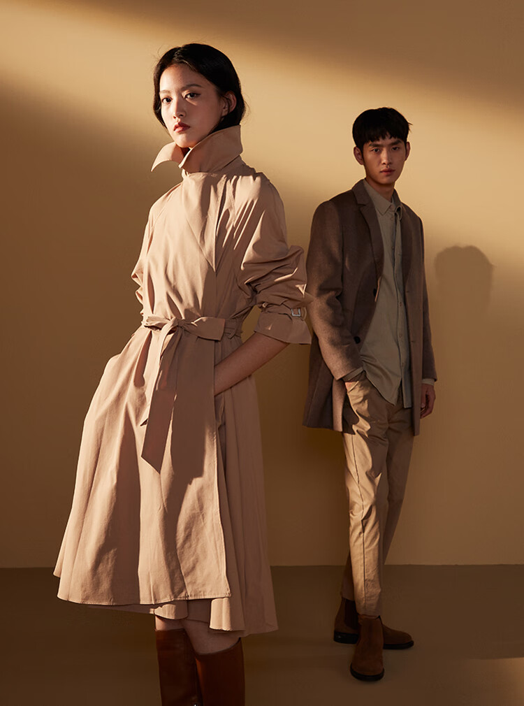 hla海澜之家驼色风衣女中长款2021秋季新款女装收腰长袖外套秋装hdaf