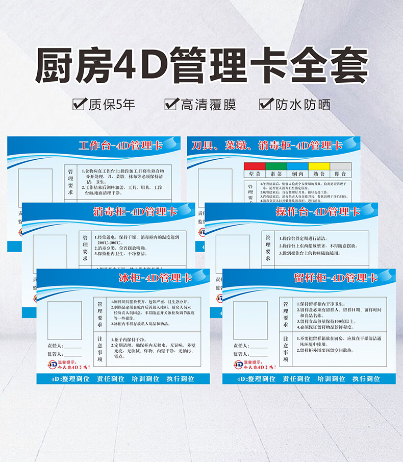 餐厅厨房4d管理卡标识牌全套学校幼儿园餐饮标示酒店饭店卫生检查工具