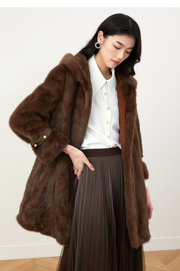 yiner音儿女装2021冬季新款中长款水貂毛连帽皮草咖啡色38