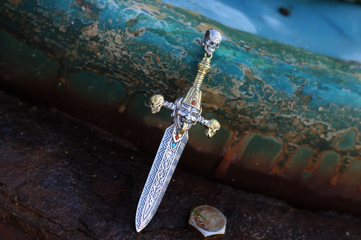 手工s925银黑白无常剑吊坠项链霸气复古国风配饰斩妖一见生黑白无常剑