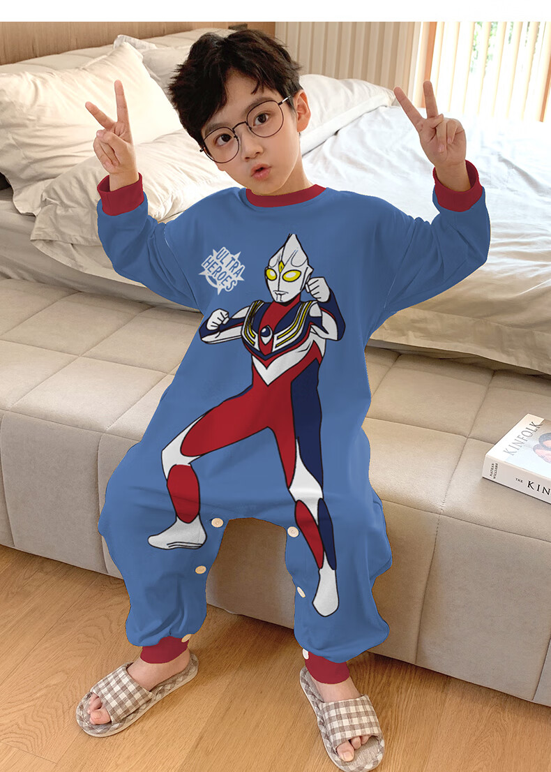 儿童连体睡衣春秋季长袖奥特曼男孩冬天家居服棉中大童宝宝防踢st2