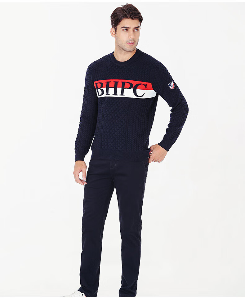 比华利保罗21秋冬新款字母撞色提花男士圆领毛衣羊毛衫男士针织衫红蓝