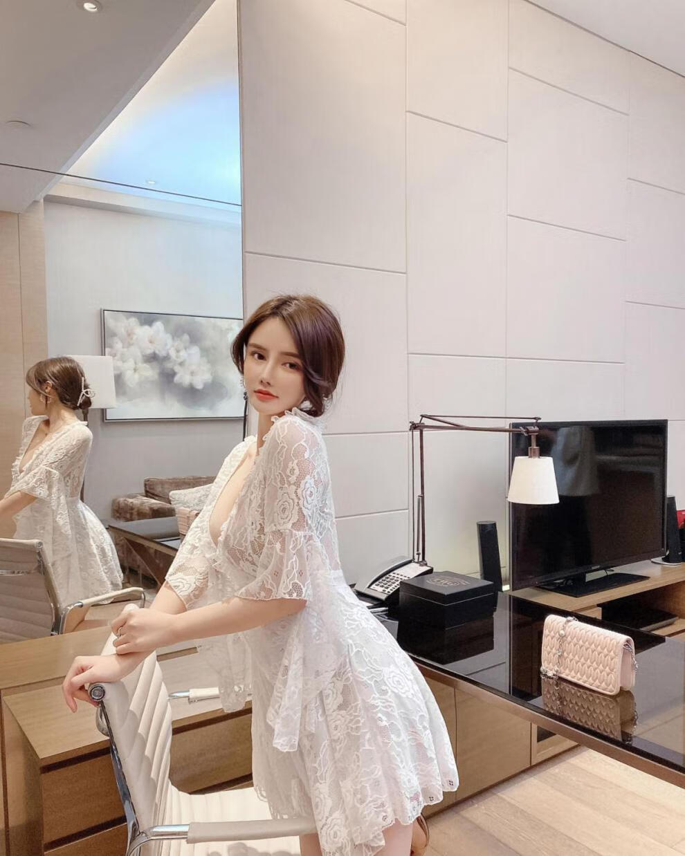 感工作服ktv连衣裙蕾丝透肉低胸白色仙女上班衣服朴柏妮 白色 s【图片