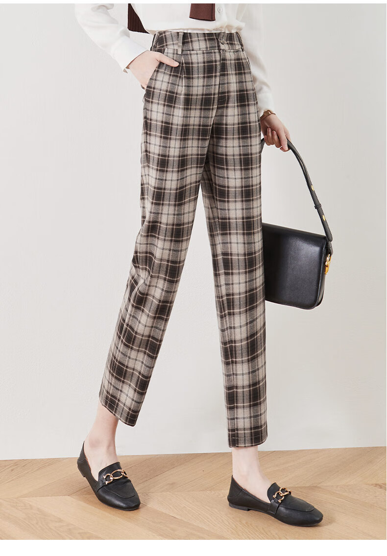 娅丽达女裤直筒格子休闲裤2021秋季新款梨形身材裤子女宽松哈伦裤